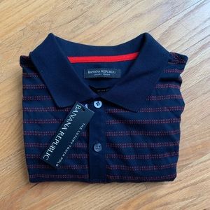 Navy Polo with red dot strip pattern